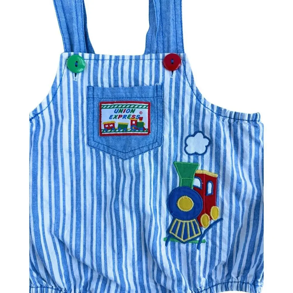 Vintage Baby Train Romper Blue Railroad Stripe Overalls 6-9M
